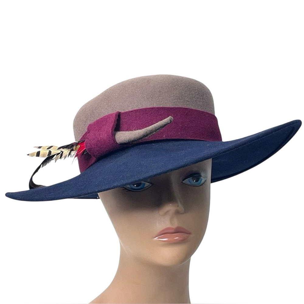 Frank Olive Private Collection Wide-Brim Two-Tone Fedora Feather Felt Hat - Picture 3 of 15